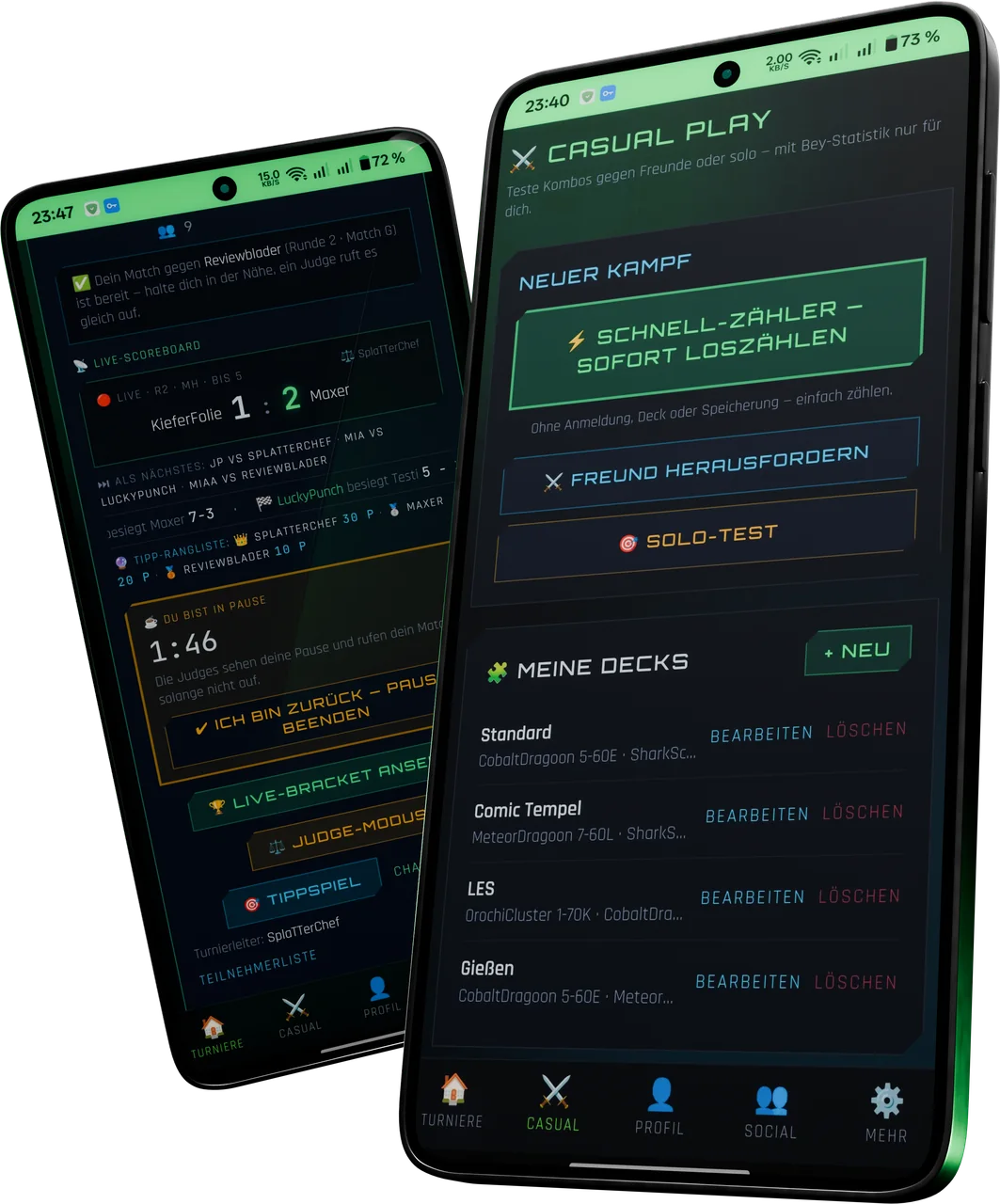 Team Beast App auf zwei Smartphones: Live-Turnier-Hub mit Scoreboard und Judge-Modus sowie Casual Play mit Schnell-Zähler und Deck-Verwaltung